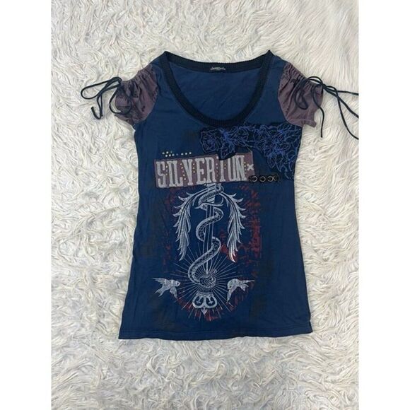 Libertalia Vintage Grunge Women’s Studded Embellished Blue Graphic T-shirt Large - Picture 1 of 10